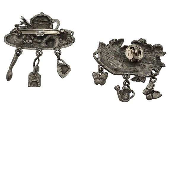 Vtg Brooch Pin Set of 2 Tea & Garden Theme Dangle Butterflies Basket Picnic - Picture 3 of 15